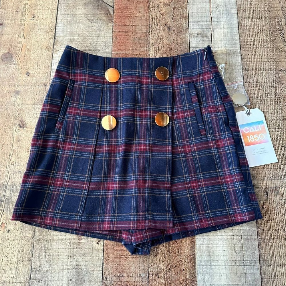 Cali 1850 Women's Blue Plaid Button Front School Girl Mini Skort Short Skirt -XS - Picture 1 of 9